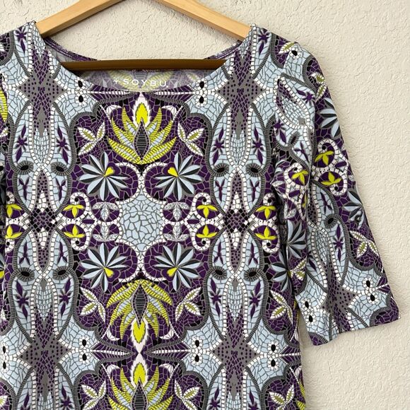 SOYBU Elana Fresco Mosaic Sheath Dress Stretch Roll-Tab Sleeve in Purple - Picture 3 of 10